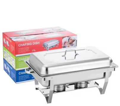 Stainless steel chafing dish with a box labeled 'Chafing Dish' on a white background