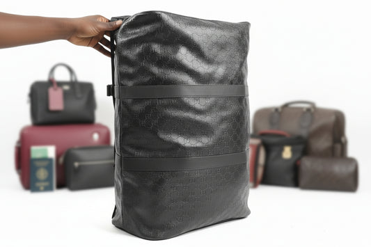 Black textured bag with straps on a cluttered background