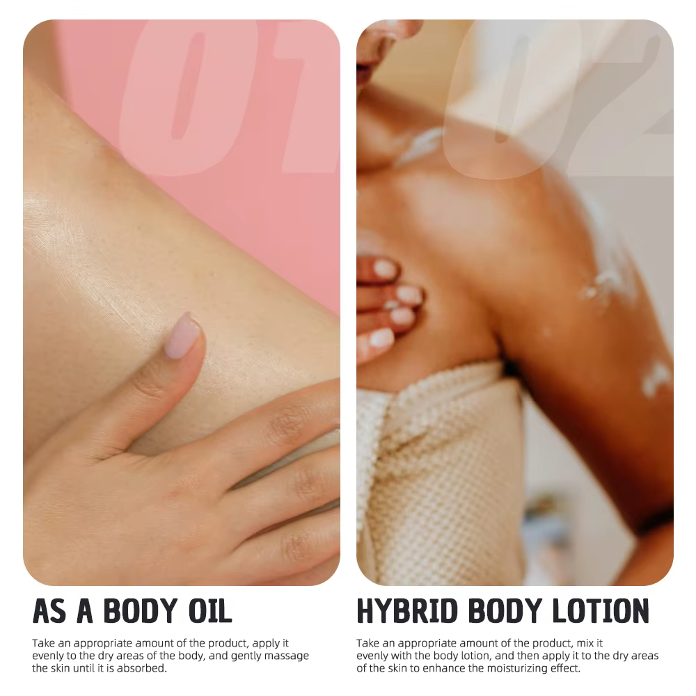 Two images showing a person applying body oil and hybrid body lotion to their skin.