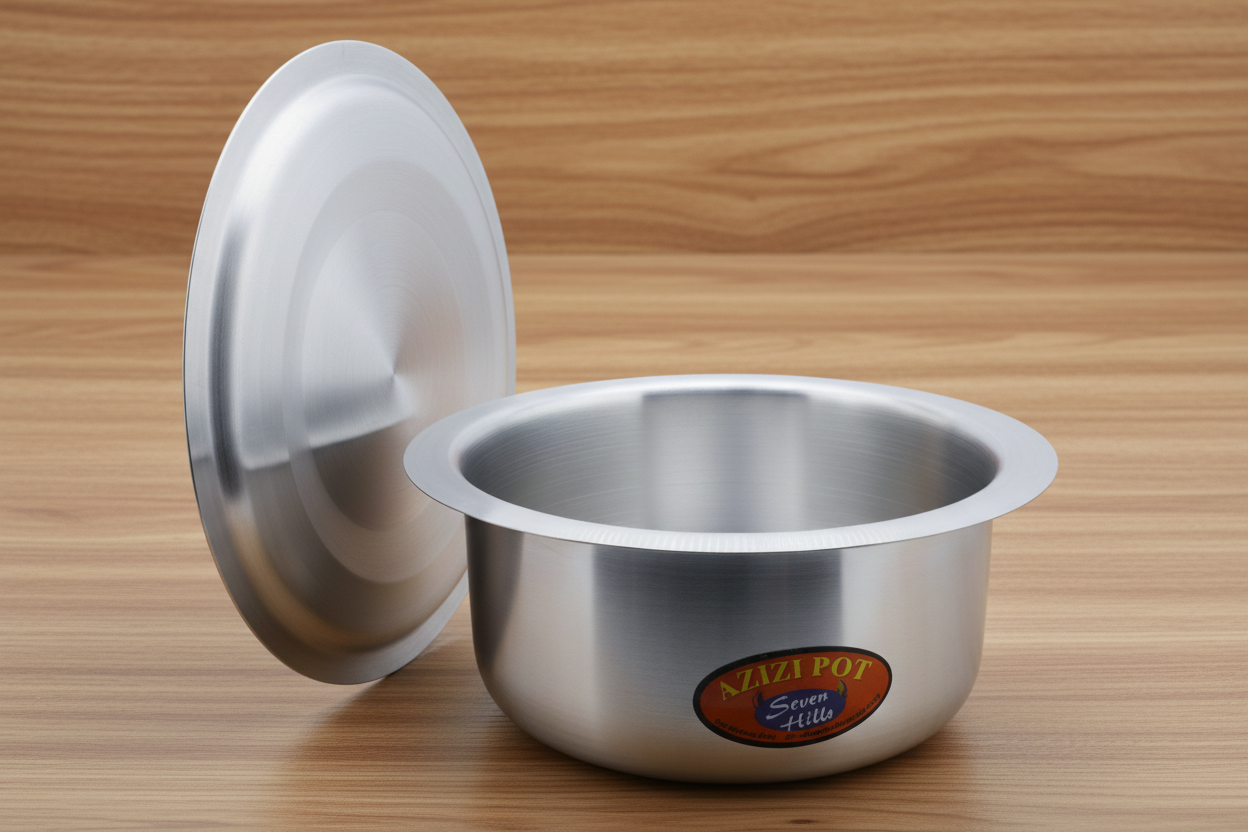 Stainless steel pot with lid on a light gray background