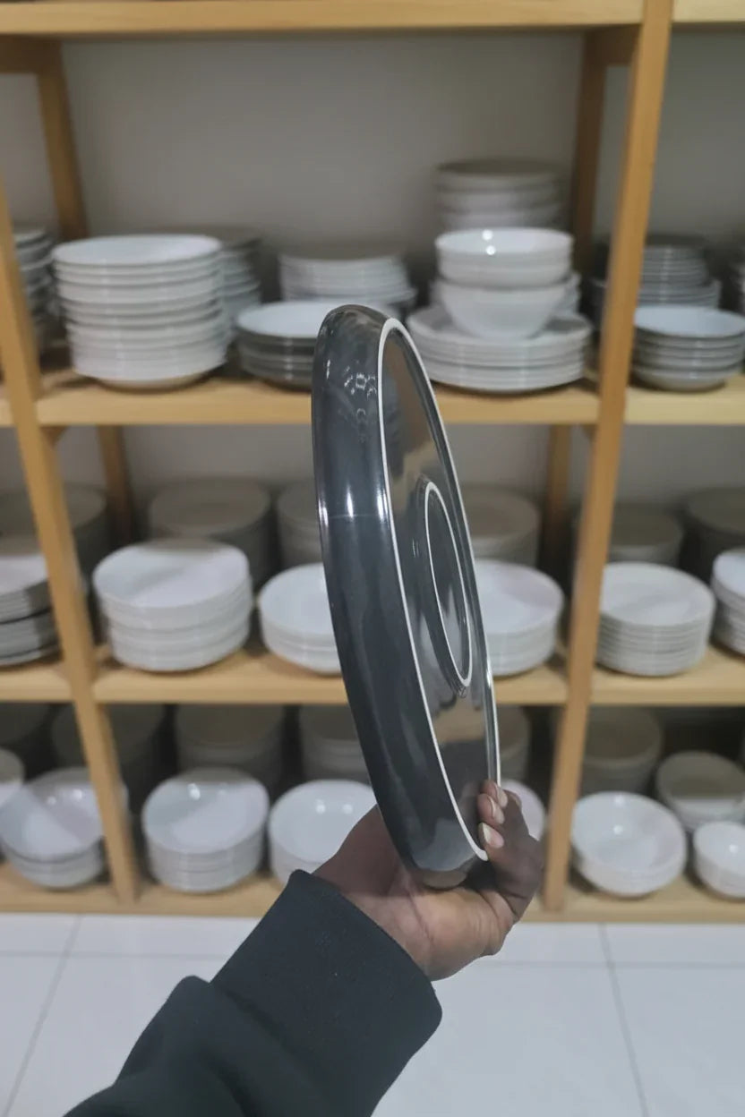 Person holding a dinner plate in a cluttered workshop with shelves of tools and equipment.