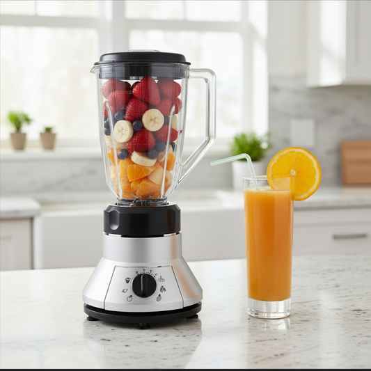 Blender with a glass of orange juice and a slice of lemon on a white background