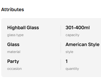 Product details of a highball glass including capacity, material, and origin on a white background.