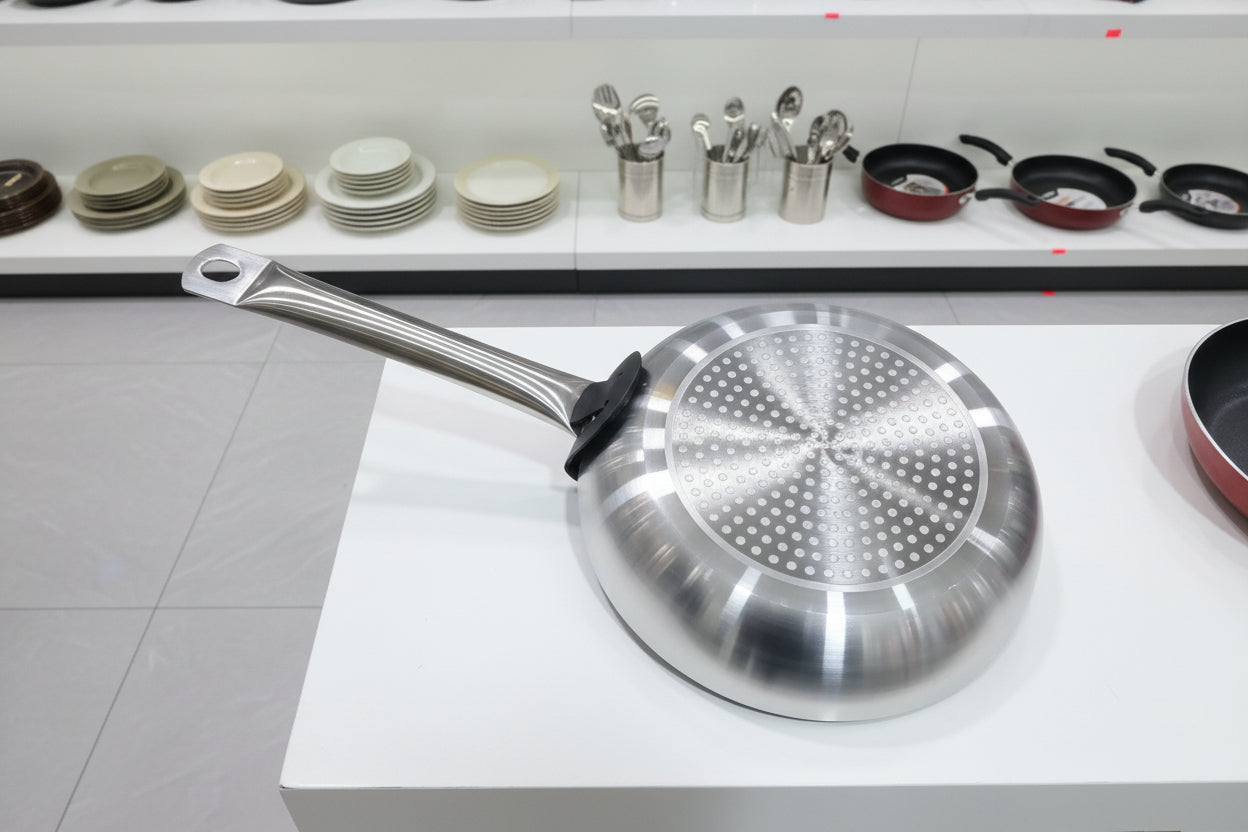 Stainless steel frying pan with red handle on a cluttered surface