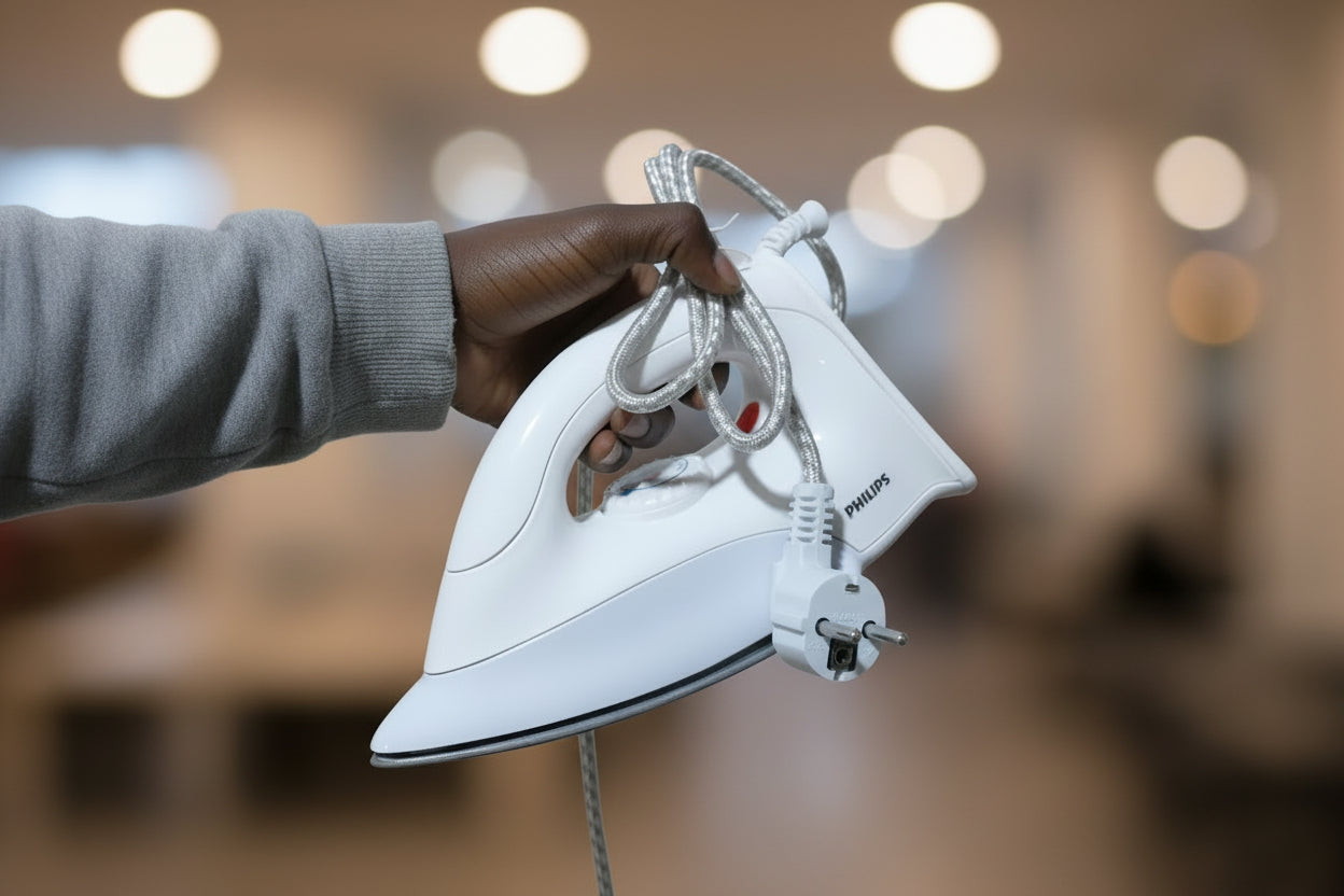 White iron held by a gloved hand with a cluttered background