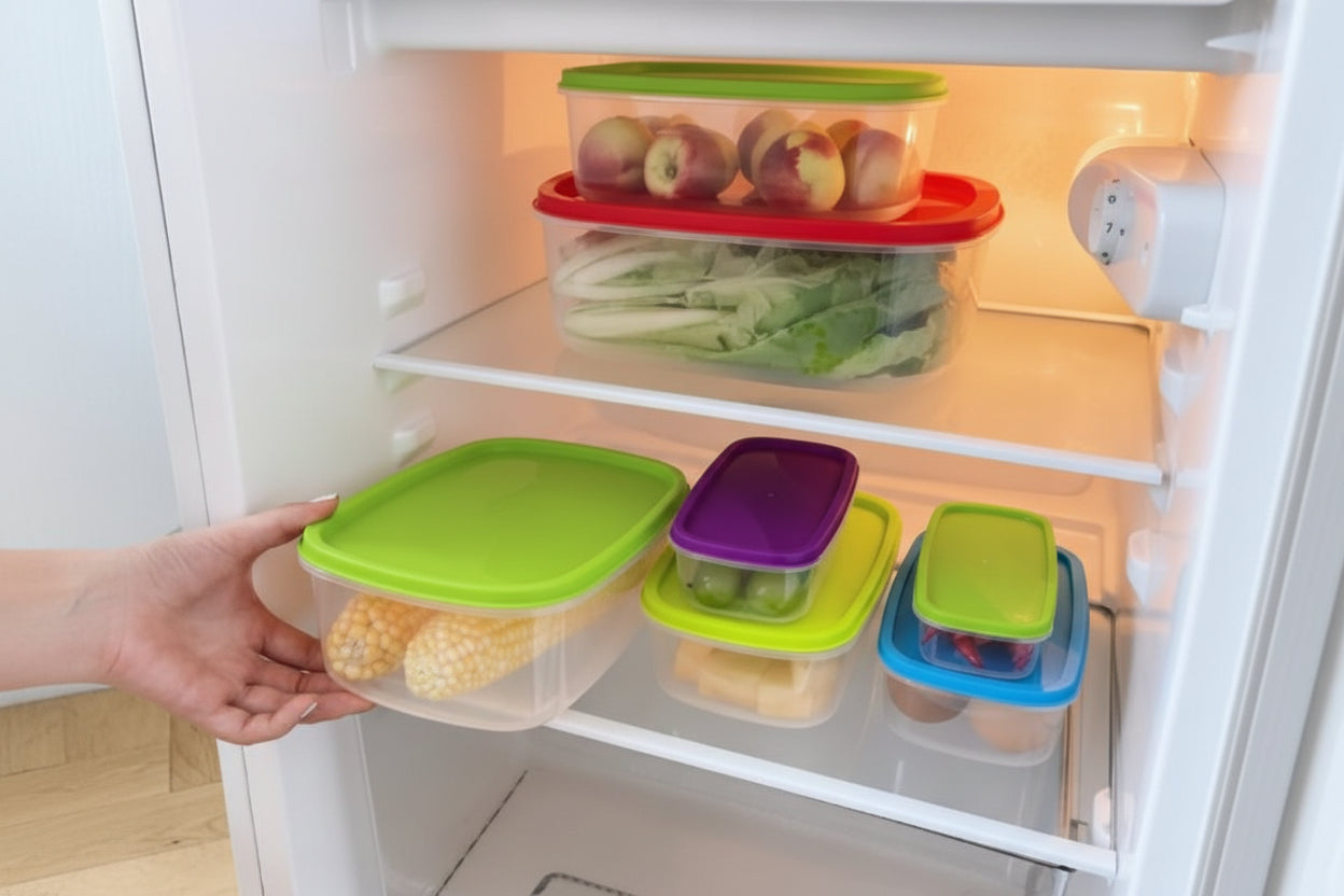Colorful food storage containers stacked on a refrigerator shelf.