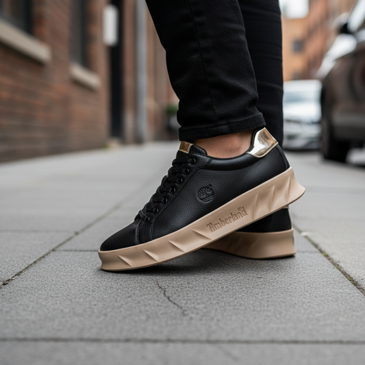 Black sneakers with tan soles on a car hood