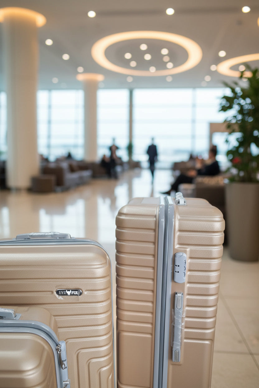 Two beige suitcases with a textured pattern on a blurred background