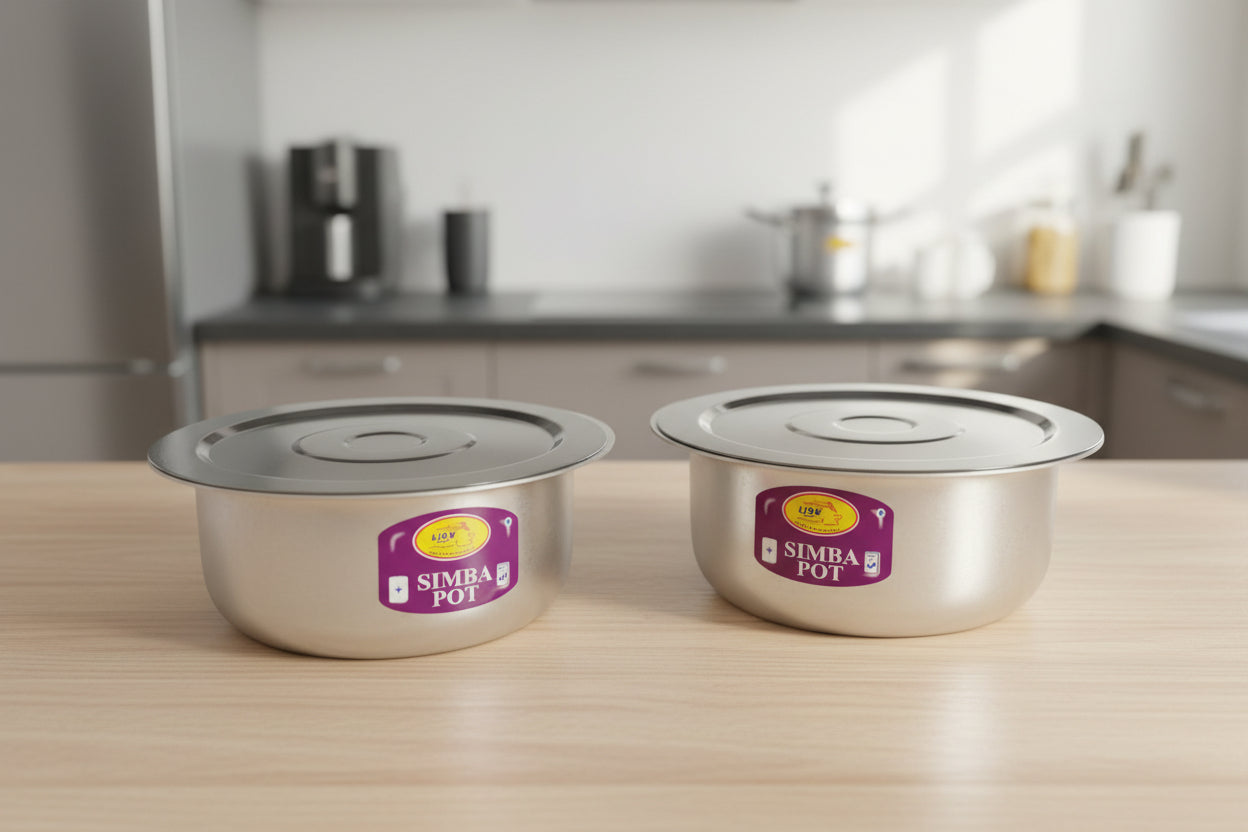 Metal pots with 'Simba Pot' branding on a table with colorful buckets in the background.