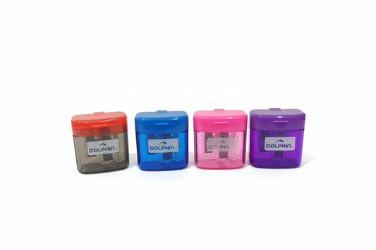 Four colorful containers with 'Dolphin' branding on a white surface.