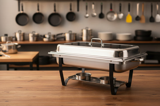 a chafing dish with images of the product and a person in a kitchen. placed on table 