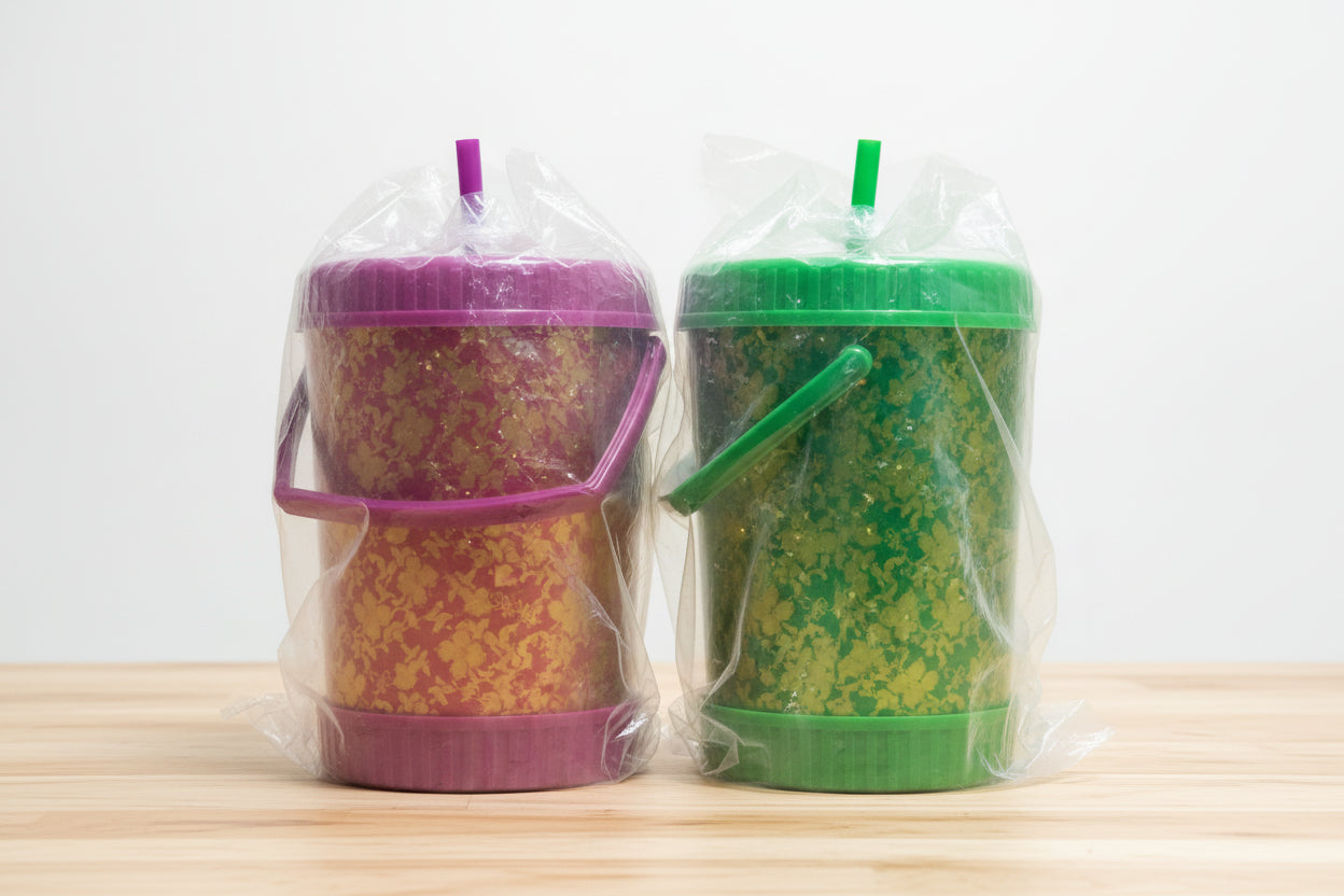 Two rolls of colorful paper or foil in plastic wrap on a wooden surface.