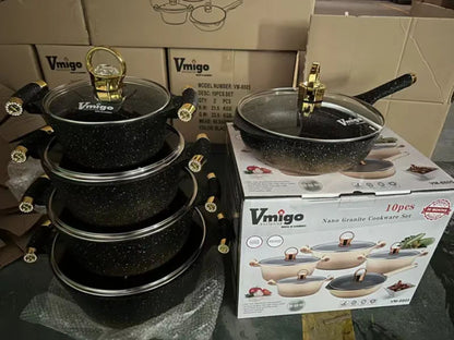 Set of black cookware with lids on a gray surface next to a Vmigo product box.