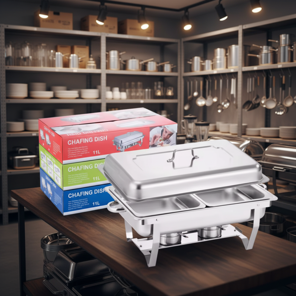 Stainless steel chafing dish with packaging on a white background