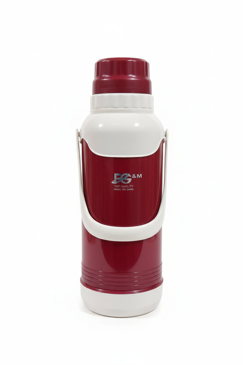 Red and white thermos bottle on a cluttered shelf