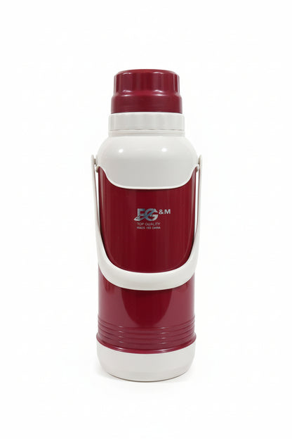 Red and white thermos bottle on a cluttered shelf