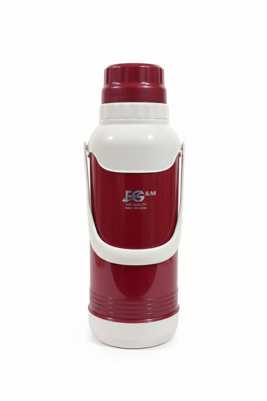 Red and white thermos bottle on a cluttered shelf