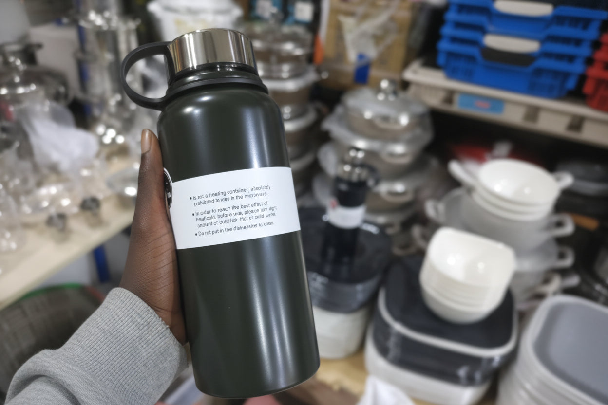 Black thermos bottle with a label held by a hand against a blurred background of bottles and containers.