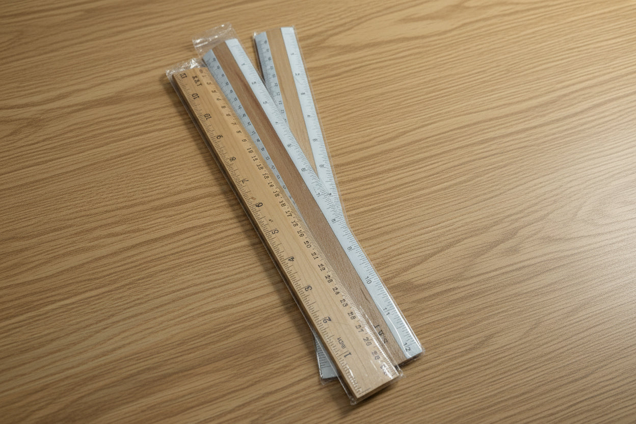  a set of wooden rulers with metal edges against a clutteR