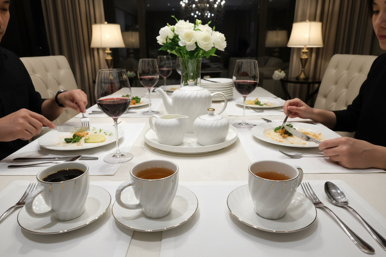 Set of white ceramic cups with handles on a matching tray, placed on a wooden surface.