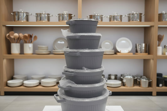 Stack of gray plastic containers with lids on a shelf.