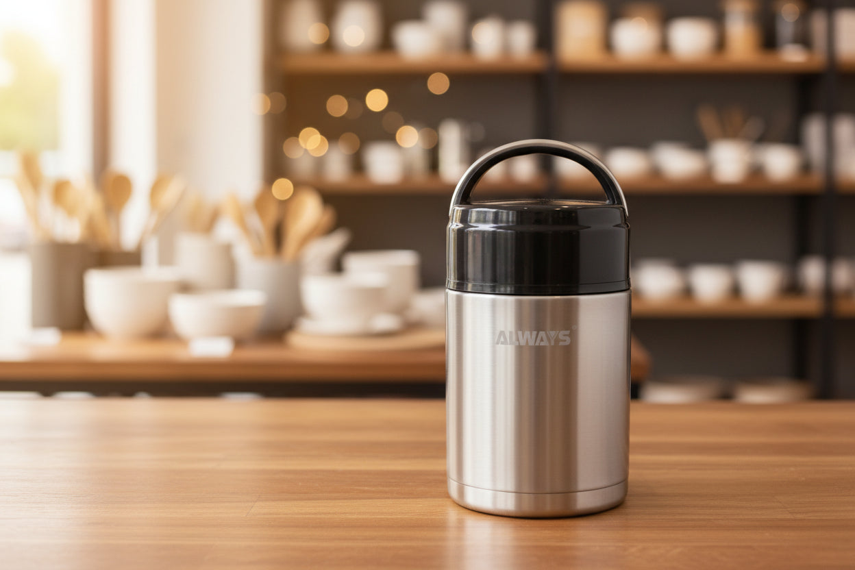 Black cylindrical container with 'Lamy' branding on a red surface, surrounded by various items.
