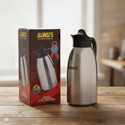 Stainless steel flask with packaging on a white background