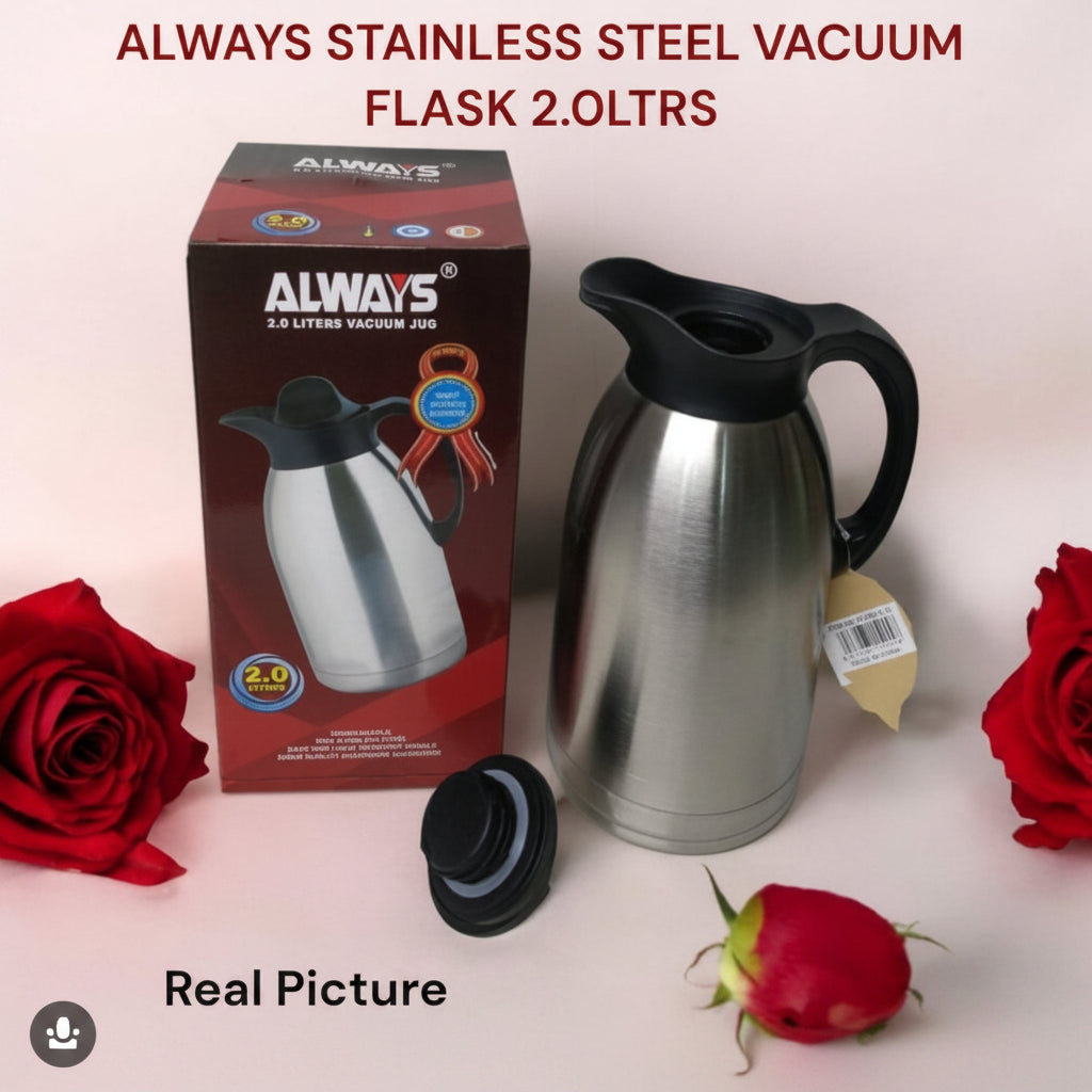 Stainless steel vacuum flask with packaging on a white background with red roses.