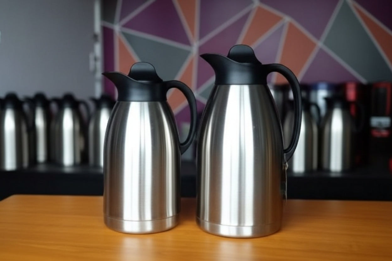 Two stainless steel vacuum flasks with black lids on a wooden surface, surrounded by 'Always' branded boxes.