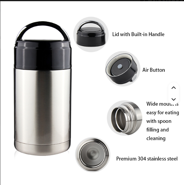 Stainless steel thermos with features highlighted on a white background