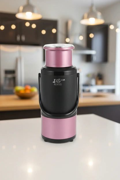 Purple and black thermos on a blue stool with shelves of dishes in the background