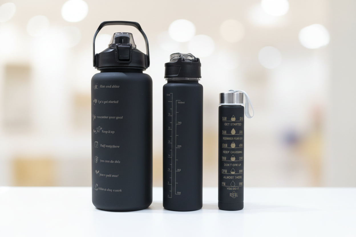 Black  bottles with measurement markings on a wooden surface.