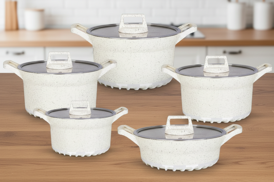 Set of stone cookware with lids on a white background