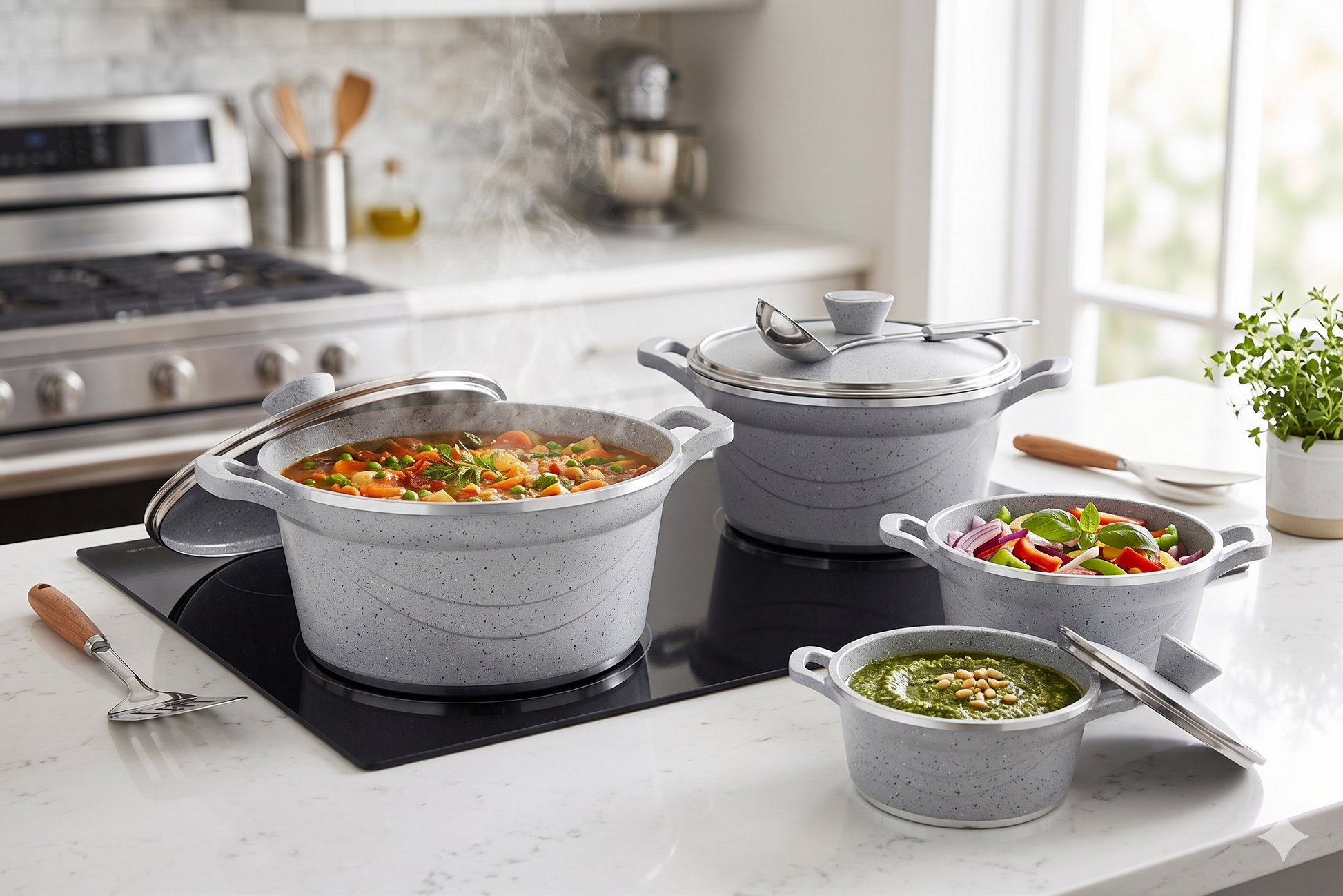 Set of gray cookware with food on a kitchen counter
