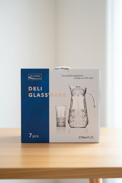 Delisoga deli glassware packaging with a glass pitcher and cup on a cluttered background.