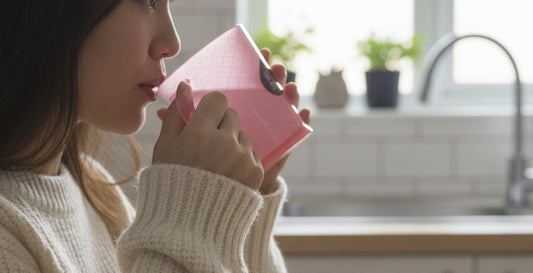 Hand holding a pink mug with a blurred store background
