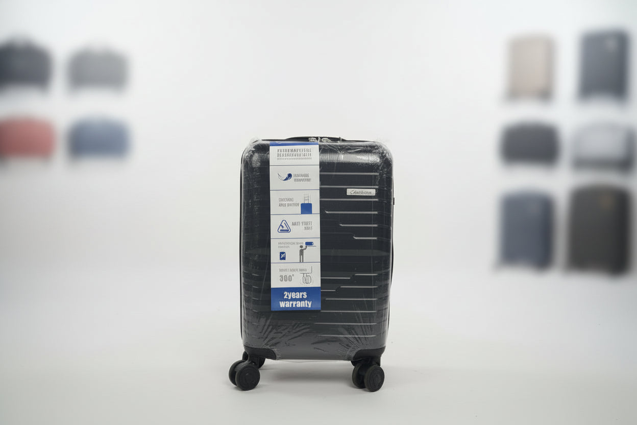 Black luggage filter with a label on a textured surface