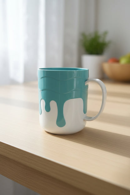 Hand holding a teal mug with a white handle against a blurred store background