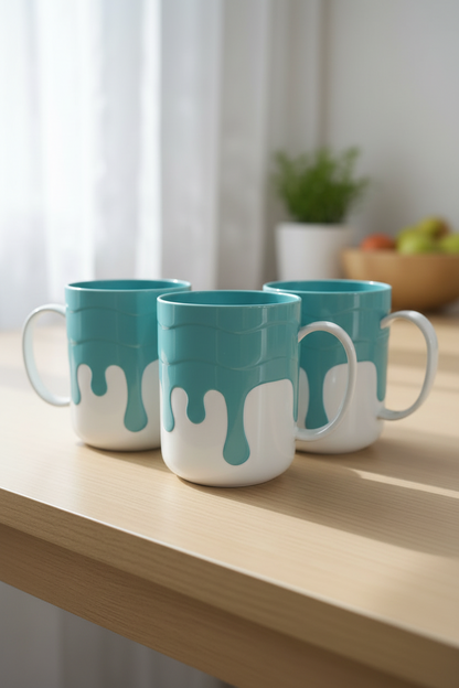 Drip Design Melamine Mug – Set of 3 (Teal & White)