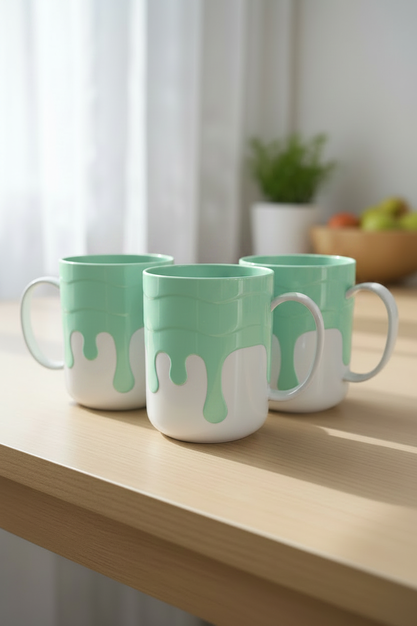 Three turquoise mugs with white drip design on a wooden surface.