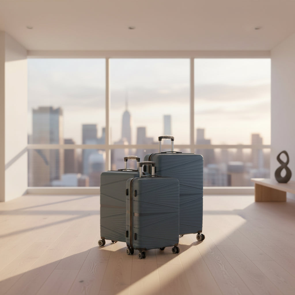 Two blue suitcases with wheels on a concrete floor in an indoor setting.