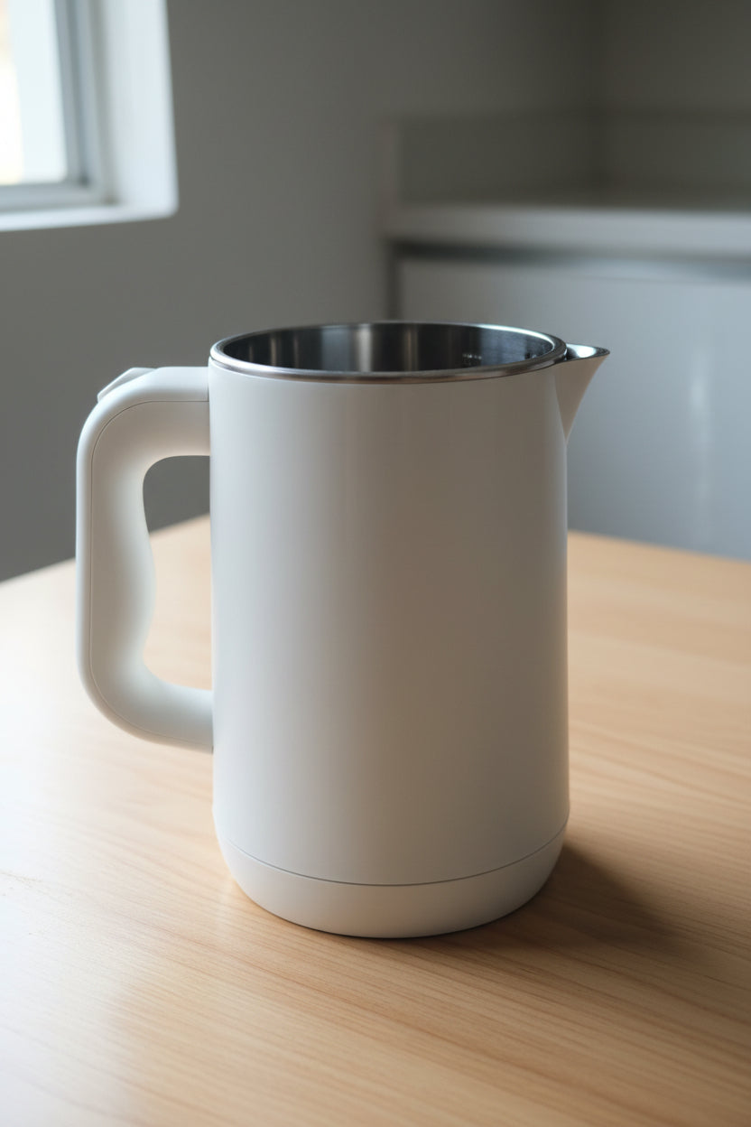 Gray mug with white handle on a reflective surface