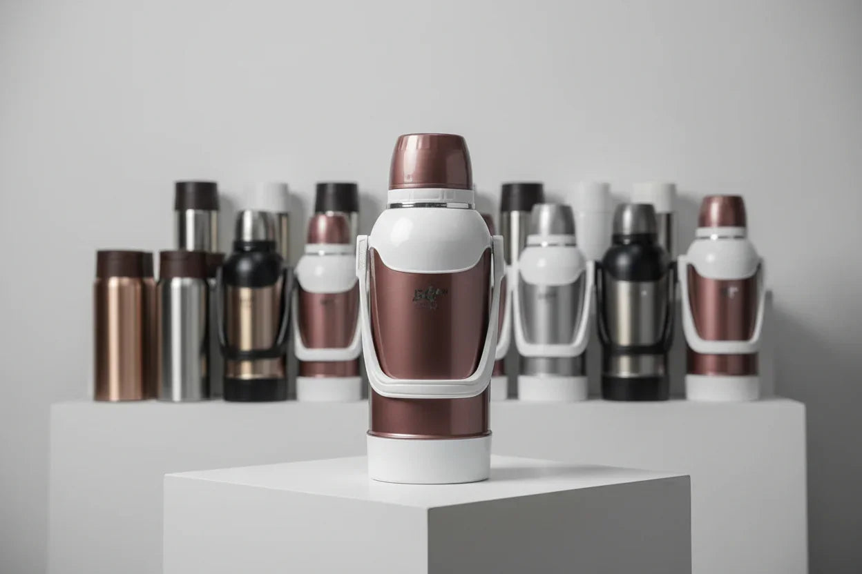 Collection of thermos bottles on a white platform with a gray background
