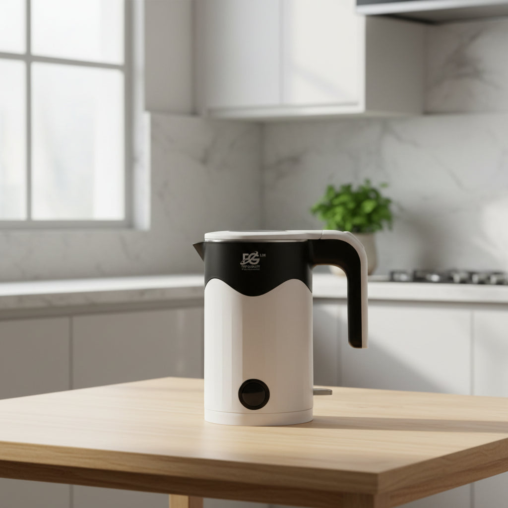 a plastic electric kettle placed on a kitchen table