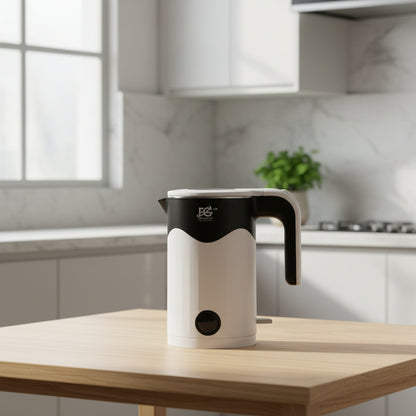 a plastic electric kettle placed on a kitchen table