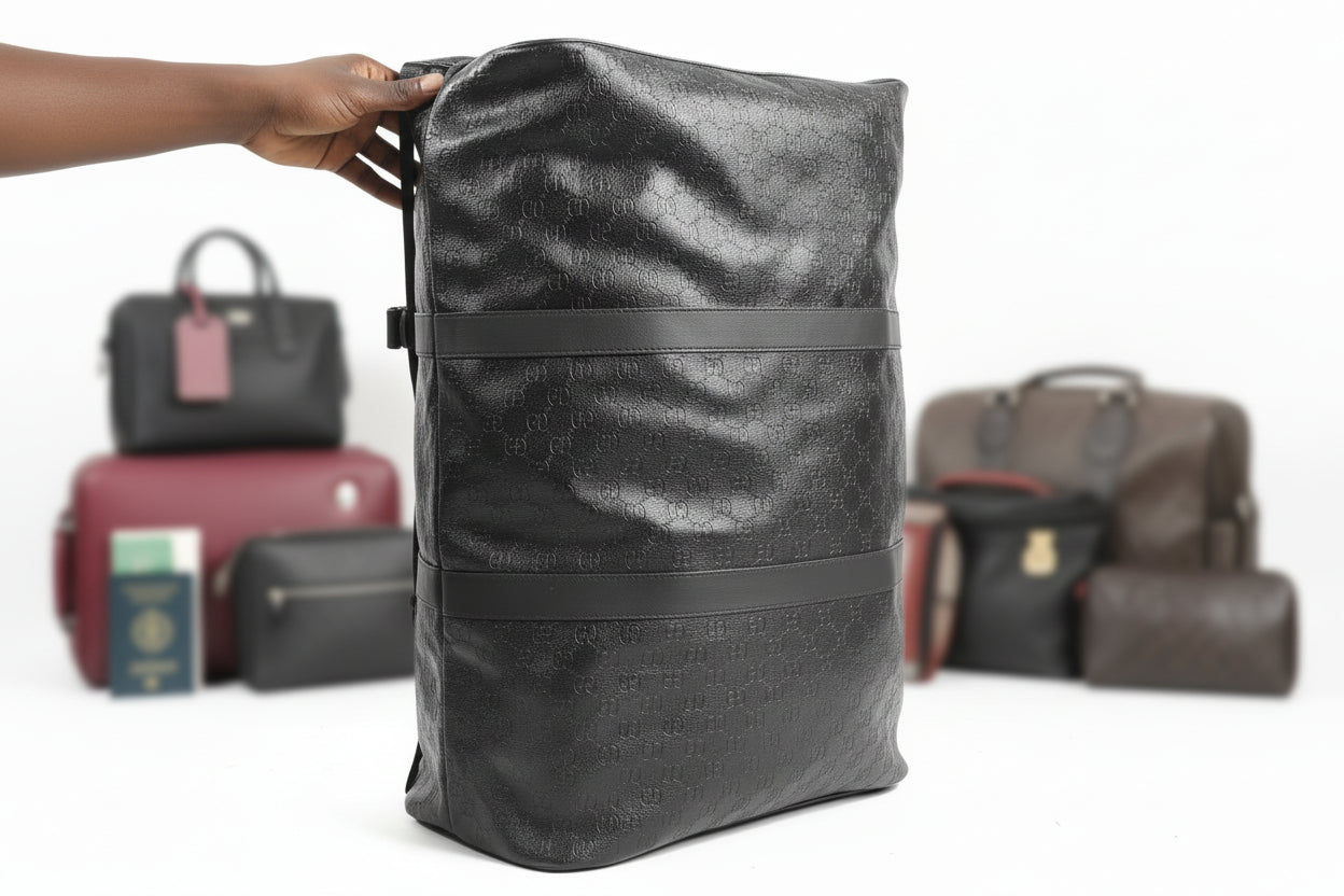 Black textured bag with straps on a cluttered background