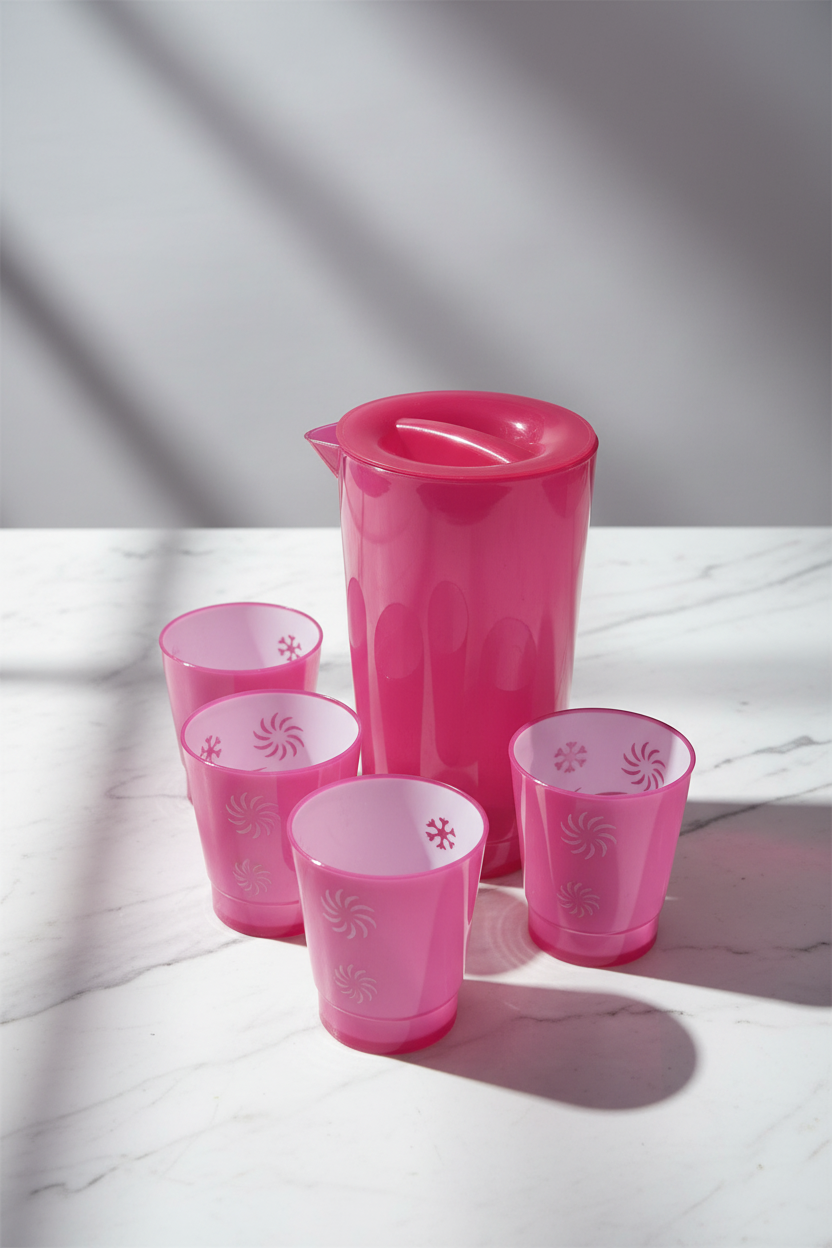 Set of pink cups with floral patterns on a table with clear glassware.