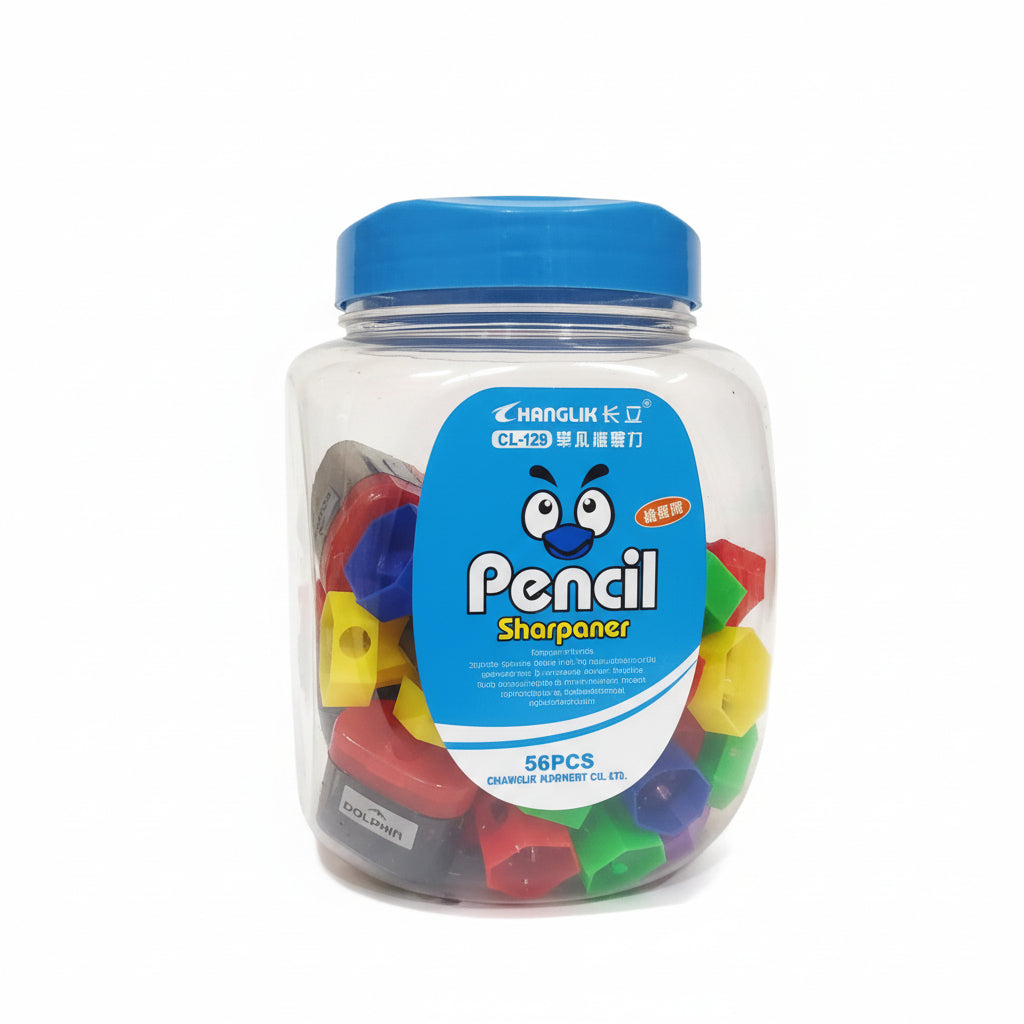 Jar of colorful pencil sharpeners with a visible brand label.