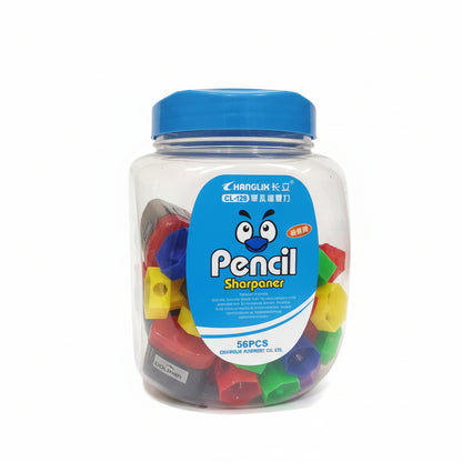 Jar of colorful pencil sharpeners with a visible brand label.