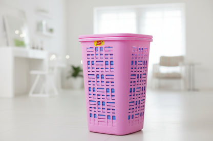 Stack of purple and blue plastic baskets on a metal stand.